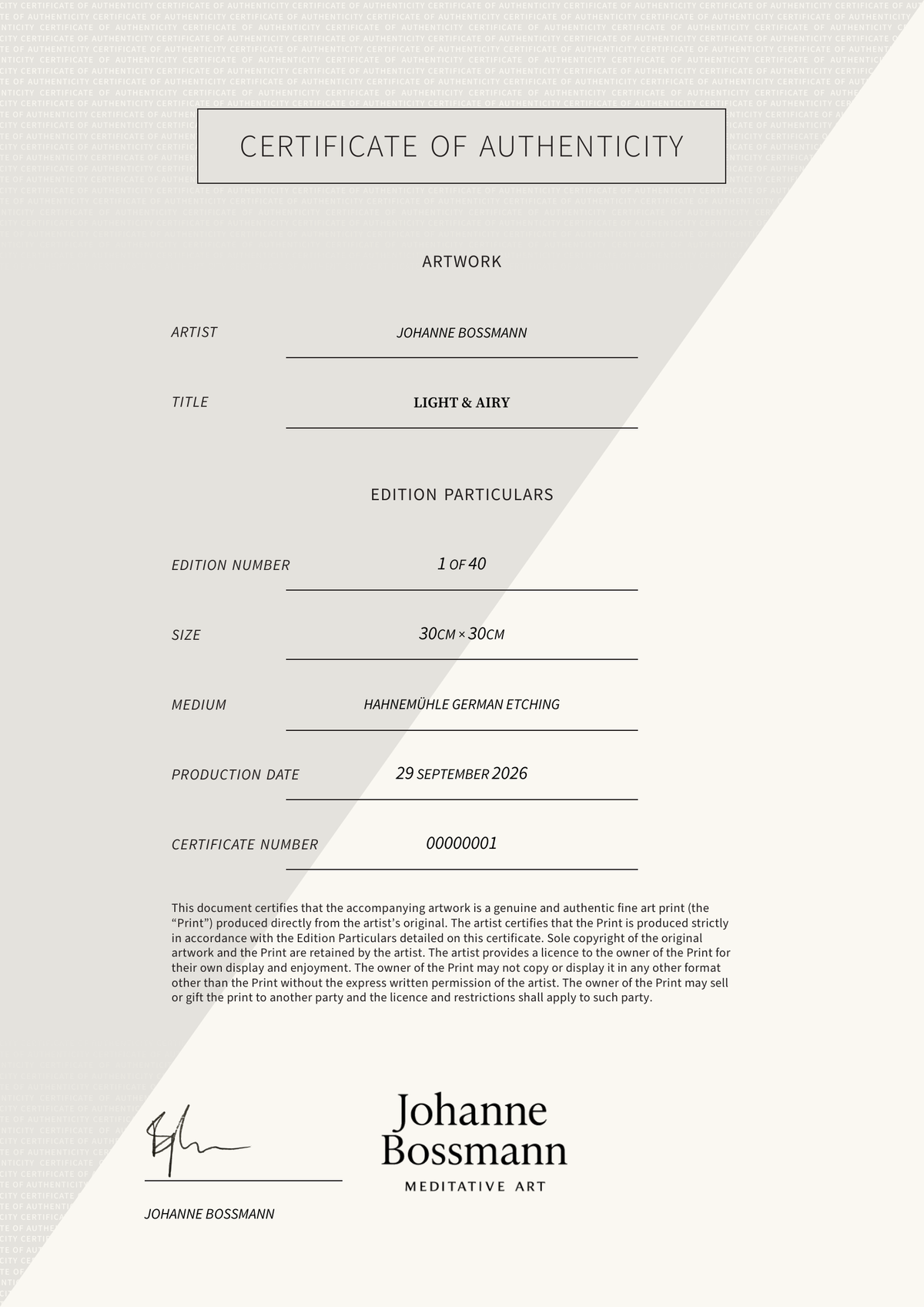 Light & Airy — Certificate of Authenticity